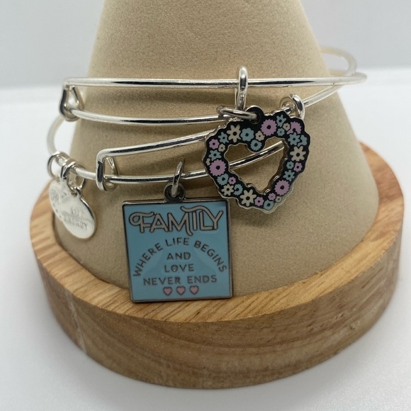 Alex & Ani Set of 2 Shiny Silver Bangles /Family/Colored Heart Charms/EUC - Picture 1 of 9